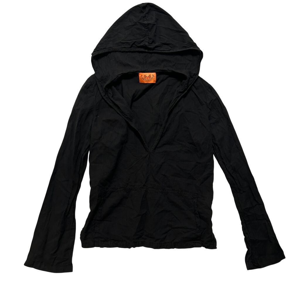 Y2K 00's Juicy Couture Long Sleeve Deep V-Neck Hooded Top Black Size S